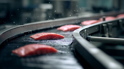 Obraz premium Raw meat patties on a conveyor belt in a food processing plant