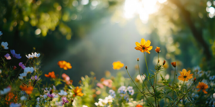 Colorful wildflowers blooming in sunlit meadow with soft golden light rays and lush green background, shallow depth of field and vibrant natural scene. Concept of summer nature and peaceful beauty