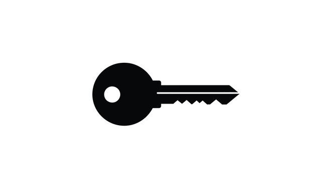 A simple flat graphic depicts a classic black key on a stark white background symbolizing access or security high quality professional