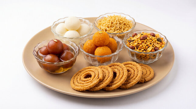 A plate of assorted indian snacks and sweets on a white background