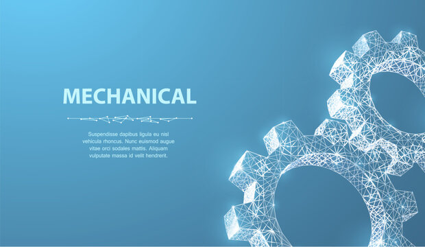 Transparent mechanical gears on blue background. Engineering system, industrial mechanism, machine parts, technical design, motion process, future manufacturing concept. Vector illustration