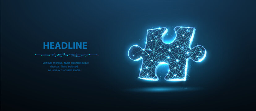 Glowing jigsaw puzzle piece on blue background. Solution concept, problem solving, strategy, teamwork, business connection, digital innovation, missing part idea. Vector illustration