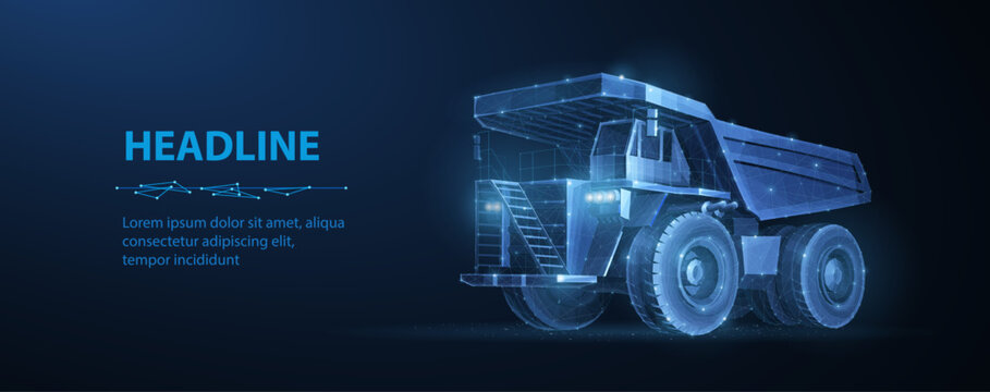 Futuristic autonomous mining truck on blue background. Smart transport, industrial vehicle, automation, logistics system, digital engineering, future mobility concept. Vector illustration