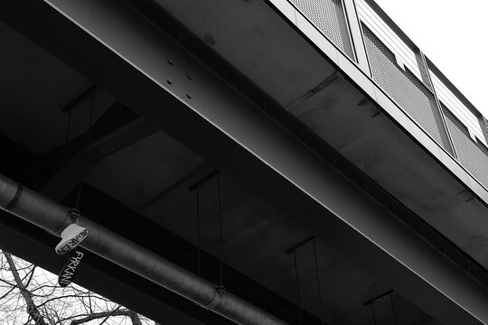 Black and white view from the popular free lookout by Katarinahissen at the new Slussen in Stockholm, Sweden