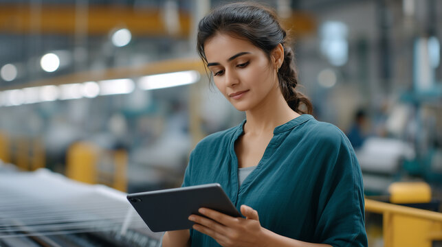 Factory floor with transparent glass walls reveals textile workers operating Fair Trade certified looms while quality inspector reviews traceability documentation on tablet, natural daylight illumin