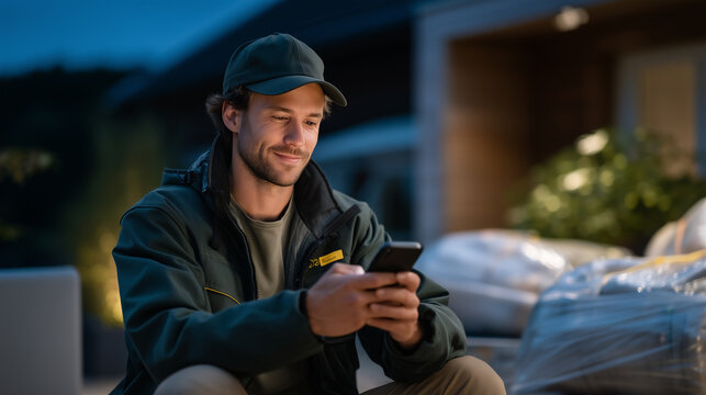 Delivery driver checking smartphone earnings app while parked outside suburban home at dusk with insulated food bags visible on passenger seat, ideal for gig economy income, freelance work, and mode