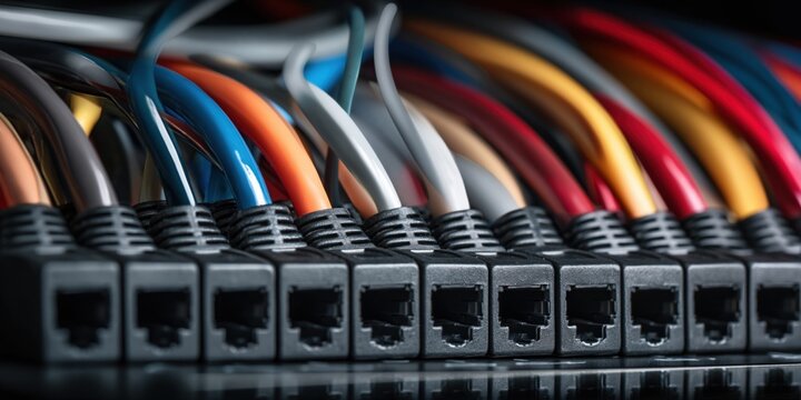 Close-up of colorful network cables plugged into a black patch panel