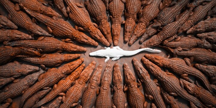 A school of brown crocodiles lie close together surrounding a single white crocodile
