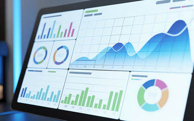 Obraz premium modern laptop screen displaying financial data charts and analytics dashboard with colorful graphs