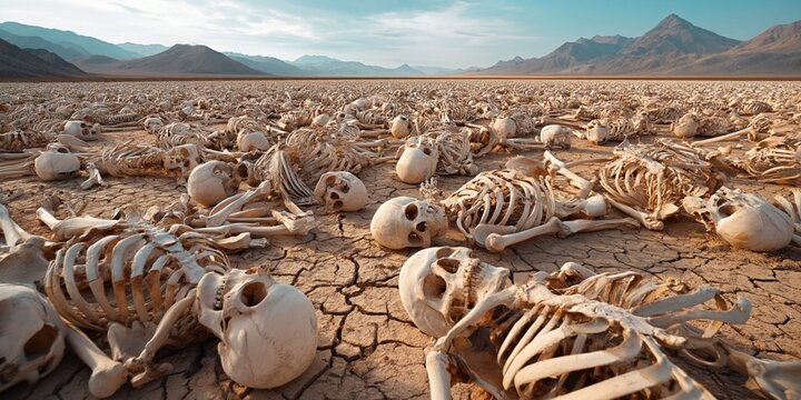 Vast expanse of human skeletons scattered across a desolate, cracked desert landscape