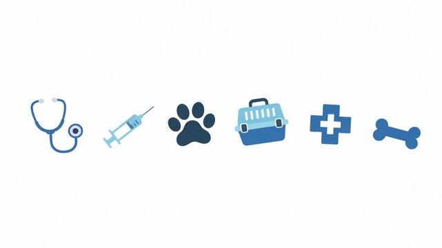 Medical symbols including stethoscope, syringe, paw print, pet carrier, cross, and bone arranged in a continuous line on a clean white background for veterinary care representation