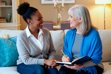 Middle aged Black woman smiling while talking with senior Caucasian woman holding notebook and pencil, both sitting on sofa engaging in friendly conversation in living room