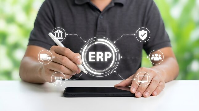 Business professional analyzing ERP software on digital tablet with futuristic interface icons