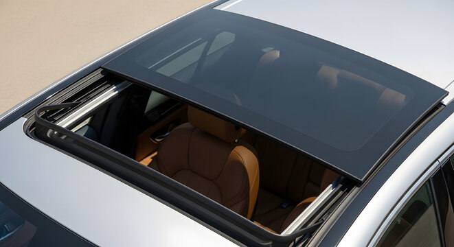 A silver car with an open sunroof shows the interior and brown seats from a top-down perspective.