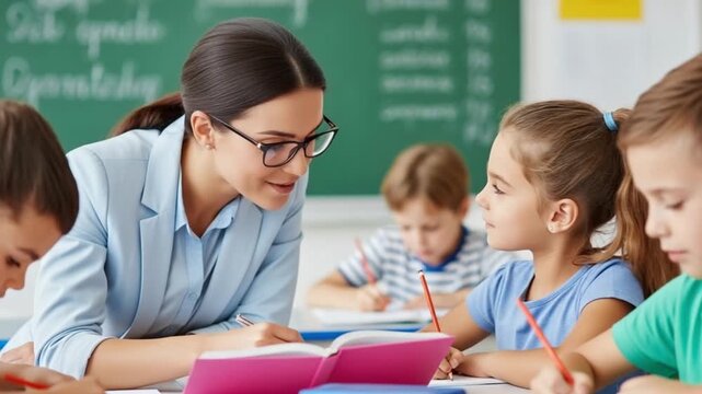 A female teacher helping students with their schoolwork in a classroom setting with a green chalkboard in the background and a pink book