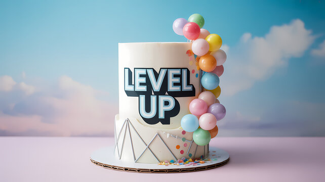 Level up celebration cake with colorful balloons on white surface against sky background