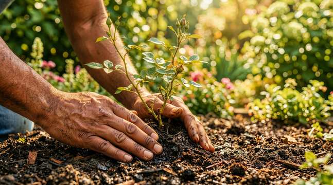 Gardener hands patting dark soil around a newly planted rose bush. Close-up of dirty hands working in a sunny garden. Agriculture and nature growth concept