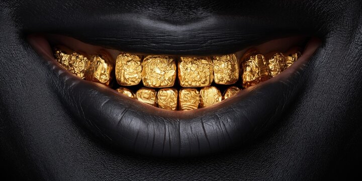 Close-up of a smiling mouth with black lips and gold teeth grillz