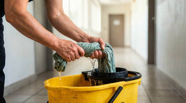 Janitor hands wringing a wet green mop over a yellow bucket. Close-up of water dripping during floor cleaning. Commercial sanitation and maintenance labor concept
