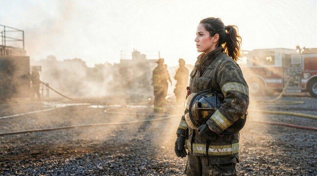 Hispanic female firefighter in uniform holding helmet. First responder standing at emergency scene with fire truck and smoke. Labor Day concept