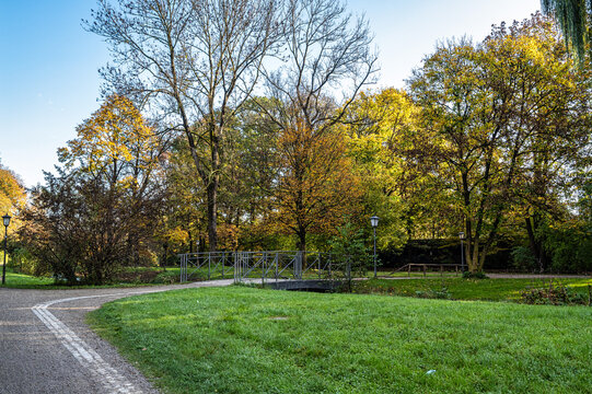 Golden autumn view in famous Munich relax place - Englischer Garten. Munich, Bavaria, Germany