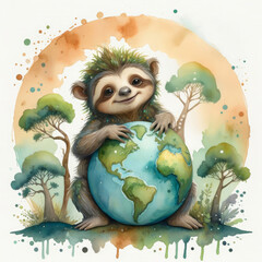Naklejka premium Cute watercolor illustration of a smiling sloth hugging the Earth globe, surrounded by green trees.