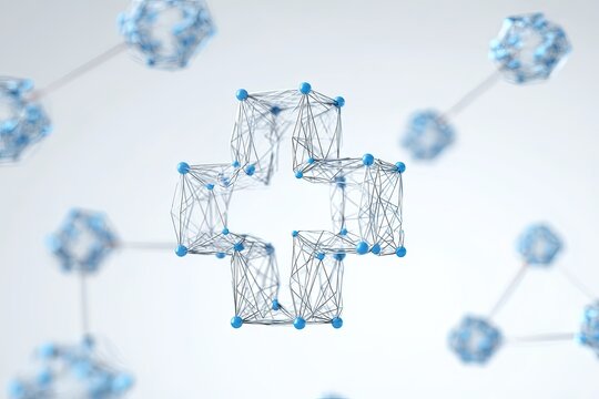 A modern rendering of a medical cross emblem, intricately constructed from interconnected, luminous molecular structures against a blurred backdrop, representing innovation and medical advancement.