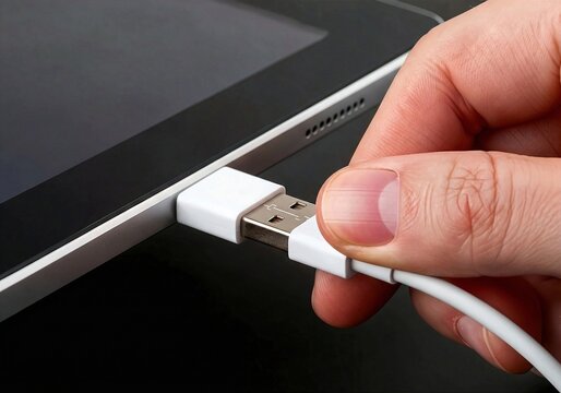 Hand unplugging charging cable from tablet device on dark background  