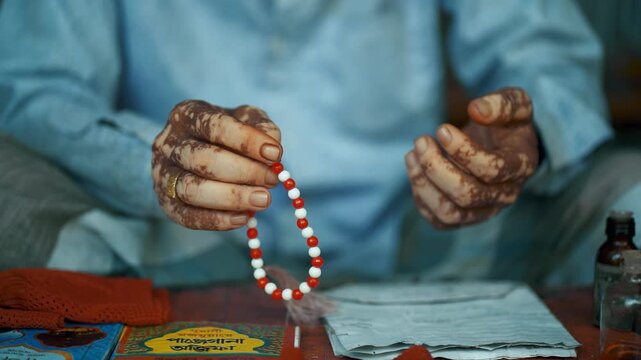 Street shopkeeper in northern Bangladesh quietly counts rosary beads while seated in his small shop, his vitiligo marked face glowing with calm dignity in a warm, portrait, leukoderma , leucoderma
