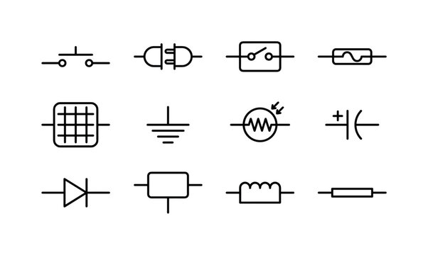 Collection of electrical schematic symbols for electronic components and circuits
