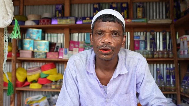 Street shopkeeper in northern Bangladesh quietly counts rosary beads while seated in his small shop, his vitiligo marked face glowing with calm dignity in a warm, portrait, leukoderma , leucoderma