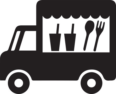 food truck icon black silhouette street food mobile kitchen delivery catering awning cups utensils flat design logo isolated background.