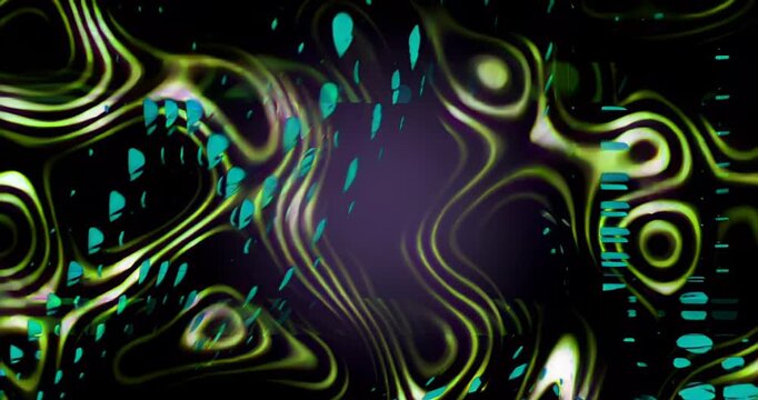 Colorful shapes and patterns move and change shape in a dark space. Unique designs blend and shift to create a visual display