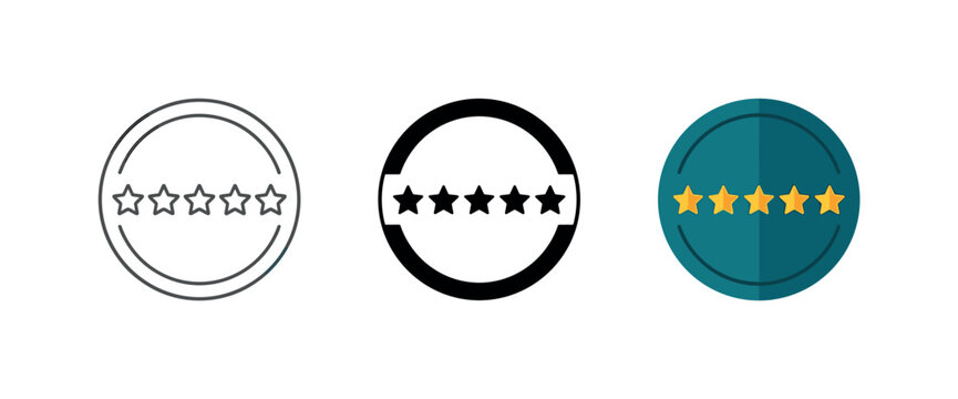 Five star rating icons in different styles for customer feedback and quality assessment