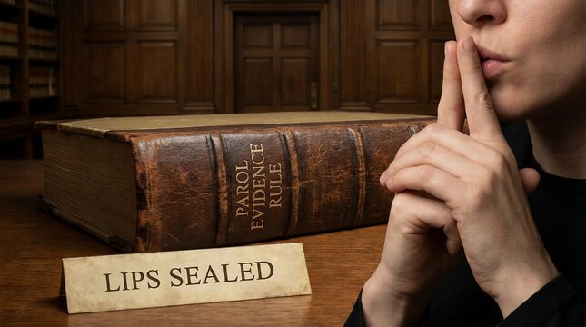 Woman with sealed lips symbolizing the parol evidence rule in law.