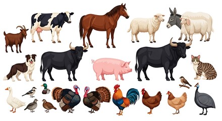 Fototapeta premium A comprehensive collection of diverse farm animals and common birds on a white background