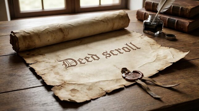 Vintage deed scroll with a wax seal and key on an old wooden desk with an inkwell and quill pen.
