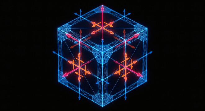 Abstract isometric wireframe cube with glowing red and orange tensor vector arrows