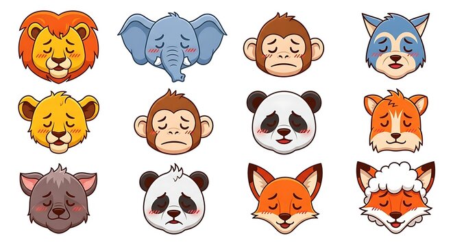 Collection of Twelve Cute Cartoon Sad Animal Faces with Various Expressions