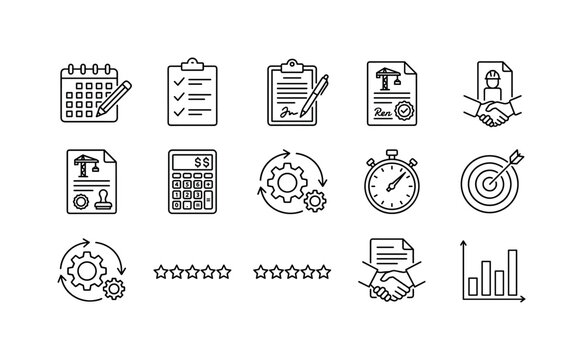 Construction project management icons for planning, finance, and success