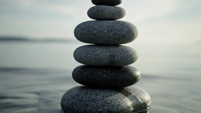 A perfectly balanced tower of smooth stones rises from a calm, wide ocean surface in a serene meditation and mindfulness concept composition.