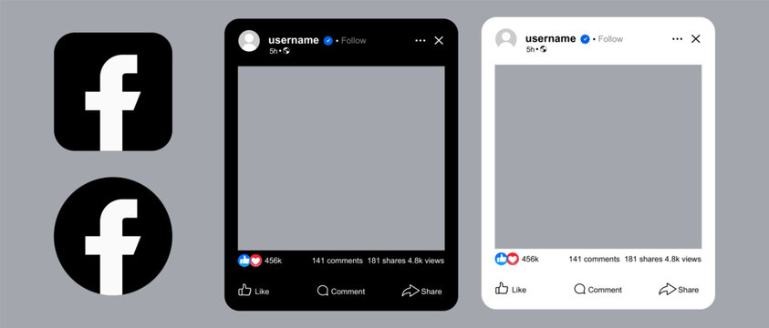 Facebook post interface in light and dark mode versions, professional social media design with square image placeholders, content design and digital networks