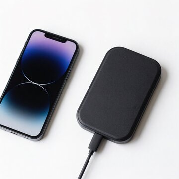 Black wireless charger and smartphone on white surface for mobile device charging  modern tech accessories