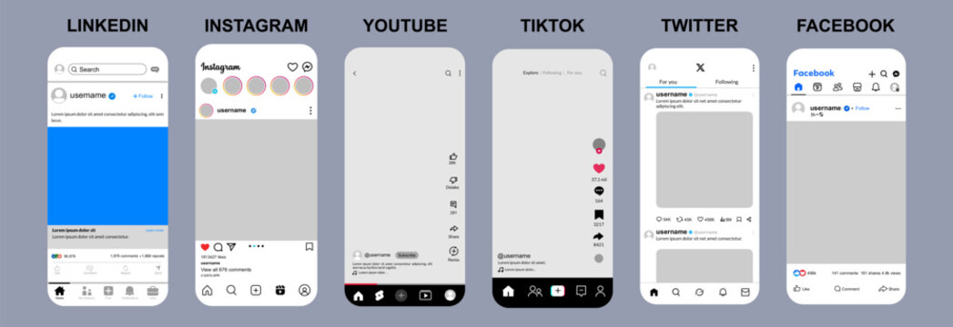 Comparative visualization of various social media platform interfaces on mobile screens, mobile applications for LinkedIn, Instagram, YouTube, TikTok, Twitter and Facebook