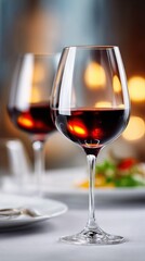 Fototapeta premium Two elegant red wine glasses filled with rich liquid, ready for enjoyment