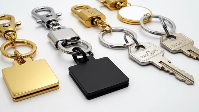 Square-shaped holder trinket keychains in a realistic metal keyring template set are presented in clean isolation on a white background.