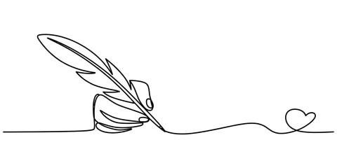 A continuous line drawing of a hand holding a feather quill pen to write a small heart symbol. © Nikhil Ray
