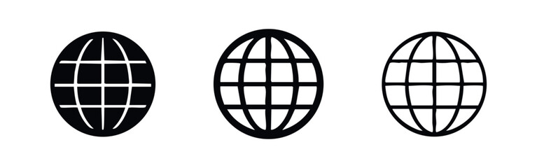 Obraz premium Stylized globe icon set. Bold earth world map silhouette and outline symbols for web and apps.