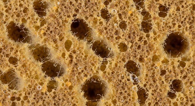Close-up of a porous textured surface with dark spots and varied tones abstract background.