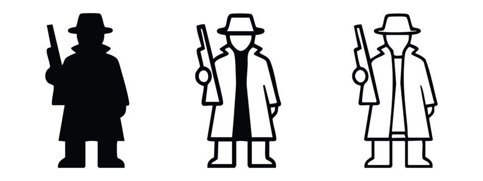 Detective or mafia man icon set with rifle. Gangster silhouette and outline symbols for crime stories.
